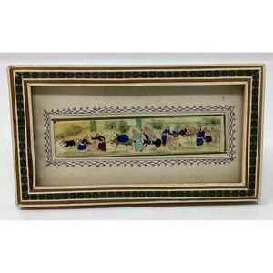 Persian Miniature Painting on Bone Khatam Inlay Frame Hand Painted Village Scene